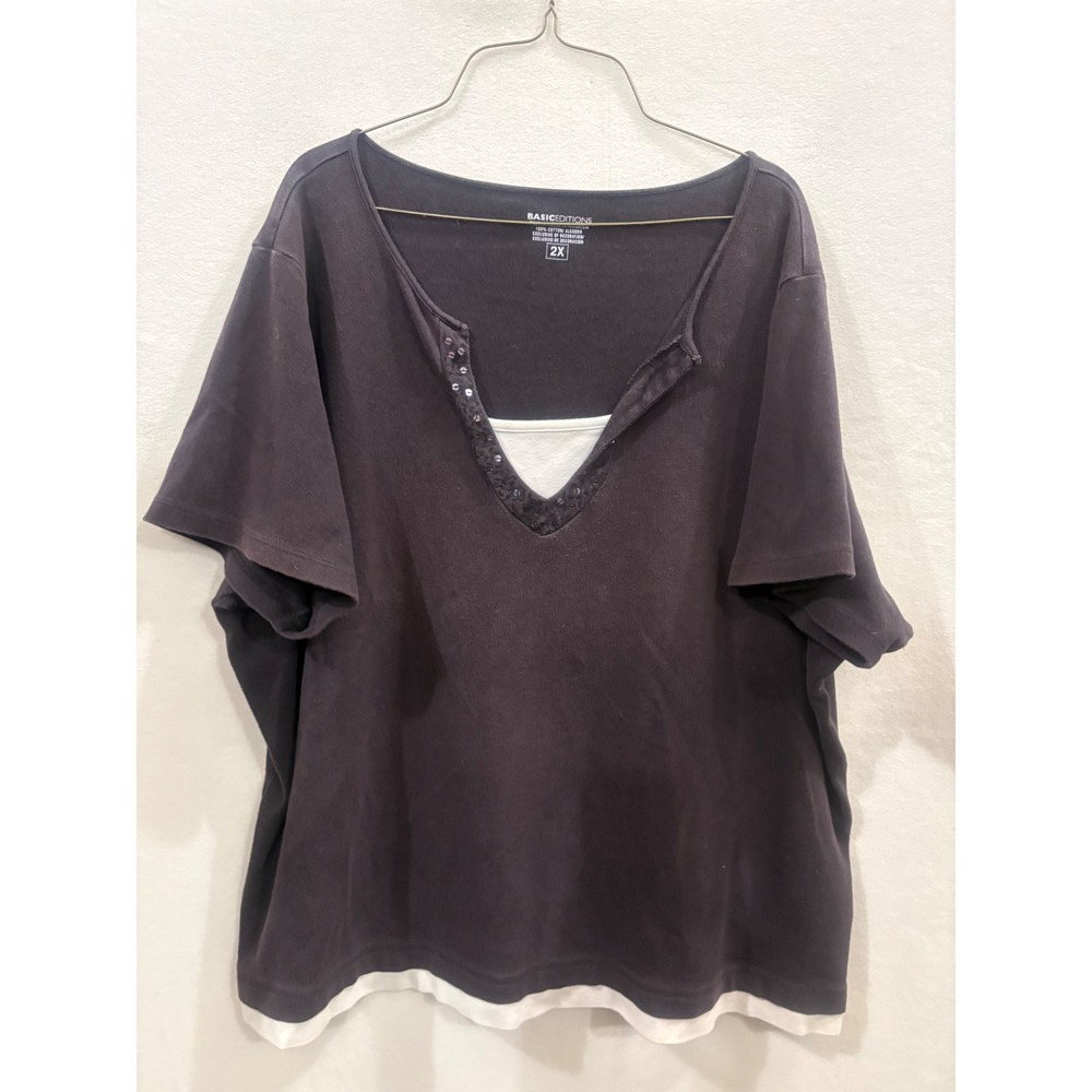 Basic Editions Womens 2X Black White Layered Sequin Split Neck Cotton Tee Shirt